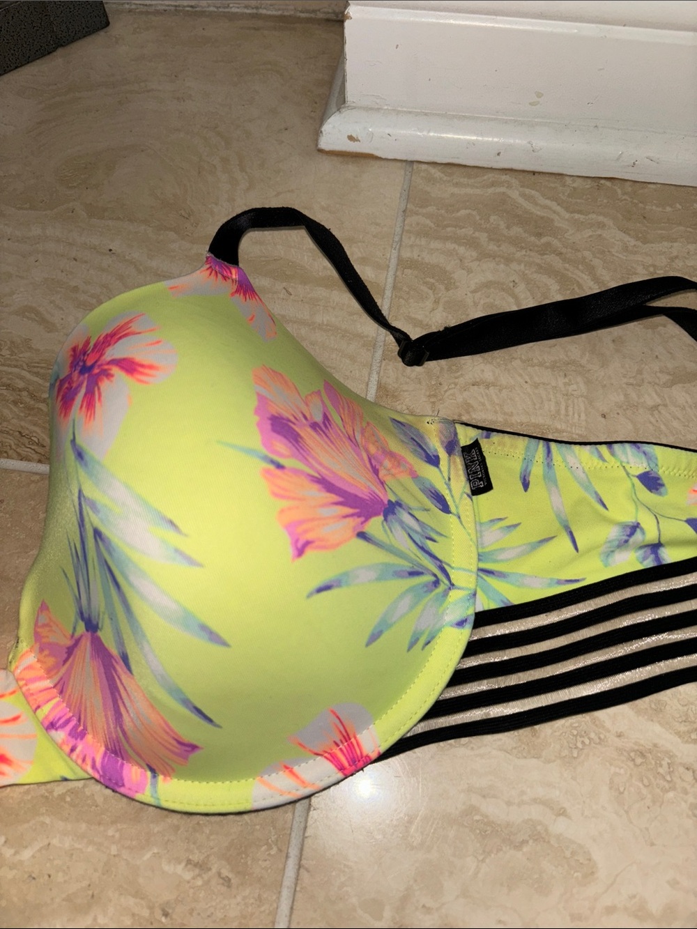 PINK Victoria's Secret Neon Yellow Floral Padded Bra with Black Straps - Picture 3 of 5